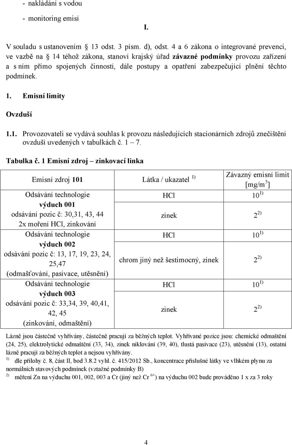 těchto podmínek. 1. Emisní limity Ovzduší 1.1. Provozovateli se vydává souhlas k provozu následujících stacionárních zdrojů znečištění ovzduší uvedených v tabulkách č. 1 7. Tabulka č.