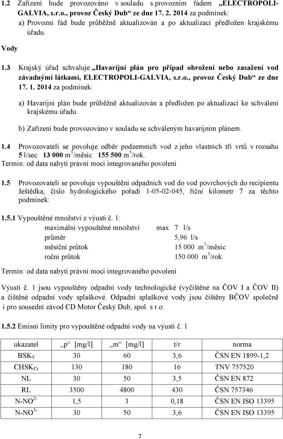 3 Krajský úřad schvaluje Havarijní plán pro případ ohrožení nebo zasažení vod závadnými látkami, ELECTROPOLI-GALVIA, s.r.o., provoz Český Dub ze dne 17