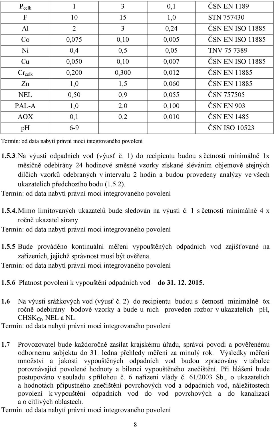 do recipientu budou s četností minimálně 1x měsíčně odebírány 24 hodinové směsné vzorky získané sléváním objemově stejných dílčích vzorků odebraných v intervalu 2 hodin a budou provedeny analýzy ve