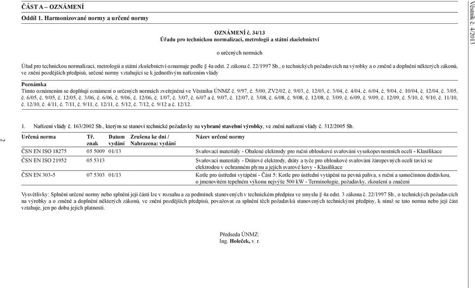 doplňují oznámení o určených normách zveřejněná ve Věstníku ÚNMZ č. 9/97, č. 5/00, ZV2/02, č. 9/03, č. 12/03, č. 3/04, č. 4/04, č. 6/04, č. 9/04, č. 10/04, č. 12/04, č. 3/05, č. 6/05, č. 9/05, č.