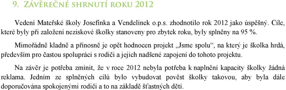 Mimořádně kladně a přínosně je opět hodnocen projekt Jsme spolu, na který je školka hrdá, především pro častou spolupráci s rodiči a jejich nadšené zapojení