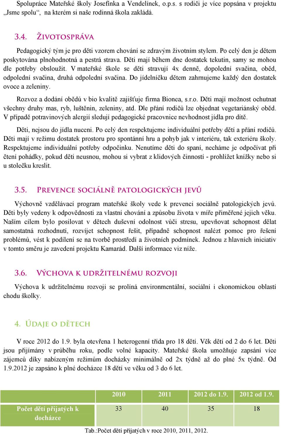 Děti mají během dne dostatek tekutin, samy se mohou dle potřeby obsloužit. V mateřské škole se děti stravují 4x denně, dopolední svačina, oběd, odpolední svačina, druhá odpolední svačina.