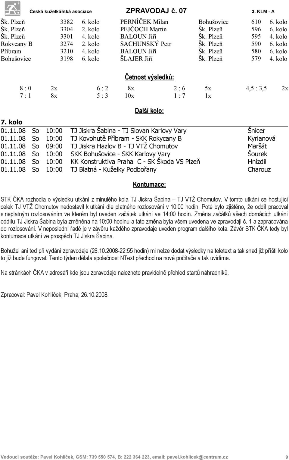 kolo 8 : 0 2x 7 : 1 8x 6 : 2 8x 5 : 3 10x Četnost výsledků: 2 : 6 5x 1 : 7 1x 4,5 : 3,5 2x Další kolo: 7. kolo 01.11.08 So 10:00 TJ Jiskra Šabina - TJ Slovan Karlovy Vary Šnicer 01.11.08 So 10:00 TJ Kovohutě Příbram - SKK Rokycany B Kyrianová 01.