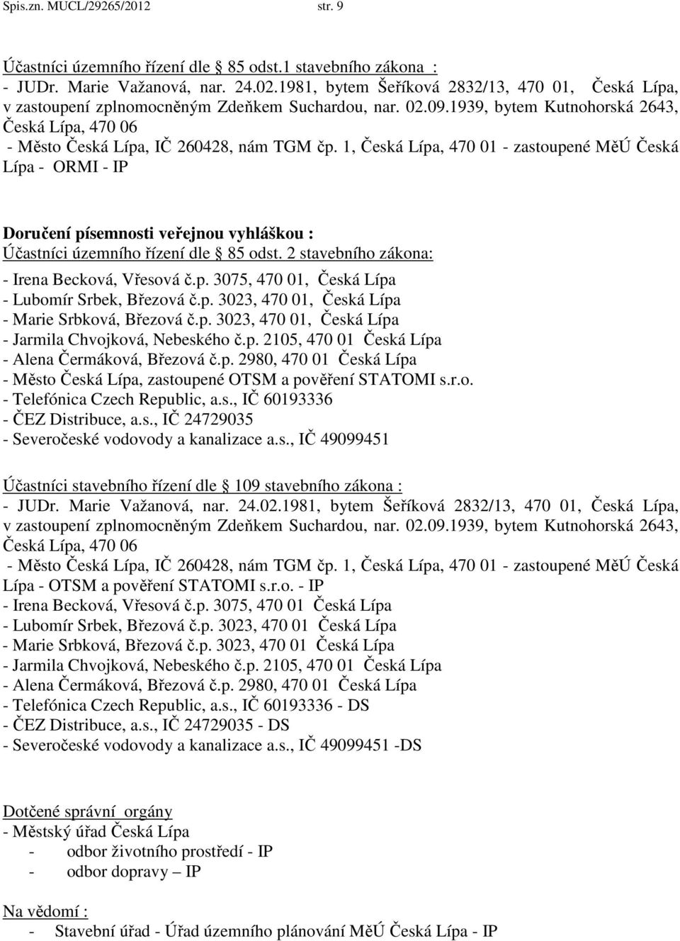 1, Česká Lípa, 470 01 - zastoupené MěÚ Česká Lípa - ORMI - IP Doručení písemnosti veřejnou vyhláškou : Účastníci územního řízení dle 85 odst. 2 stavebního zákona: - Irena Becková, Vřesová č.p. 3075, 470 01, Česká Lípa - Lubomír Srbek, Březová č.