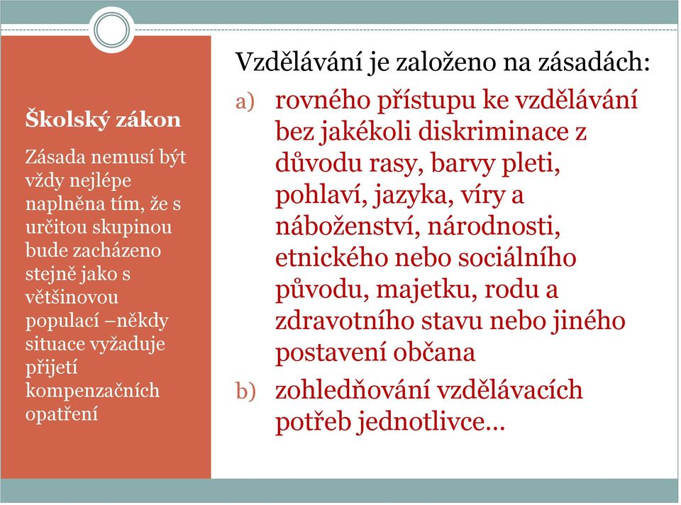 vzdělávání bez jakékoli diskriminace z důvodu rasy, barvy pleti, pohlaví, jazyka, víry a náboženství, národnosti, etnického