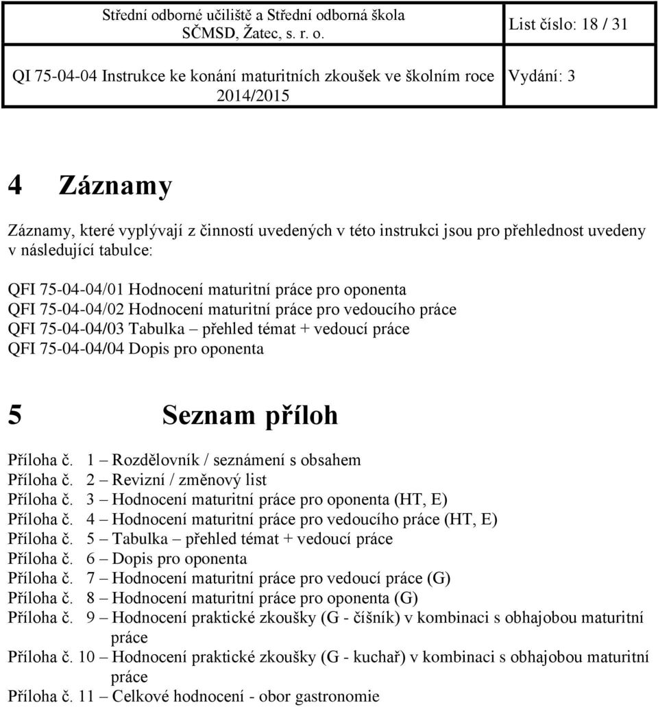 1 Rozdělovník / seznámení s obsahem Příloha č. 2 Revizní / změnový list Příloha č. 3 Hodnocení maturitní práce pro oponenta (HT, E) Příloha č.