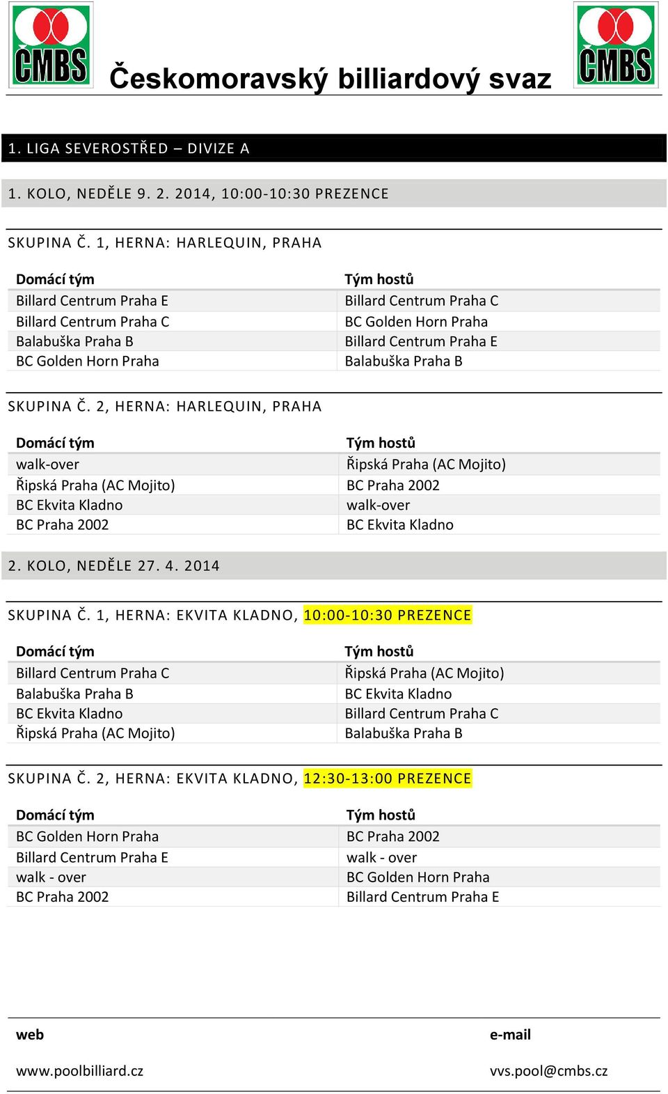 2, HERNA: HARLEQUIN, PRAHA BC Praha 2002 BC Praha 2002 2. KOLO, NEDĚLE 27. 4. 2014 SKUPINA Č.