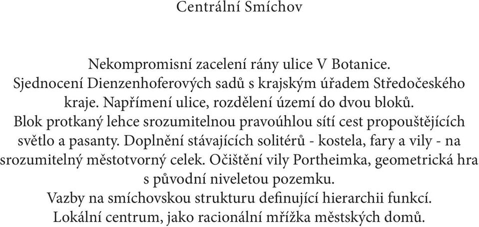 Doplnění stávajících solitérů - kostela, fary a vily - na srozumitelný městotvorný celek.