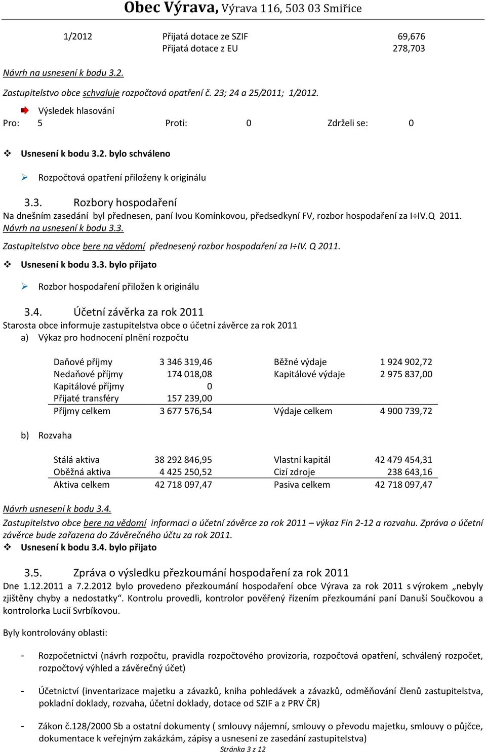 Q 2011. Usnesení k bodu 3.3. bylo přijato Rozbor hospodaření přiložen k originálu 3.4.