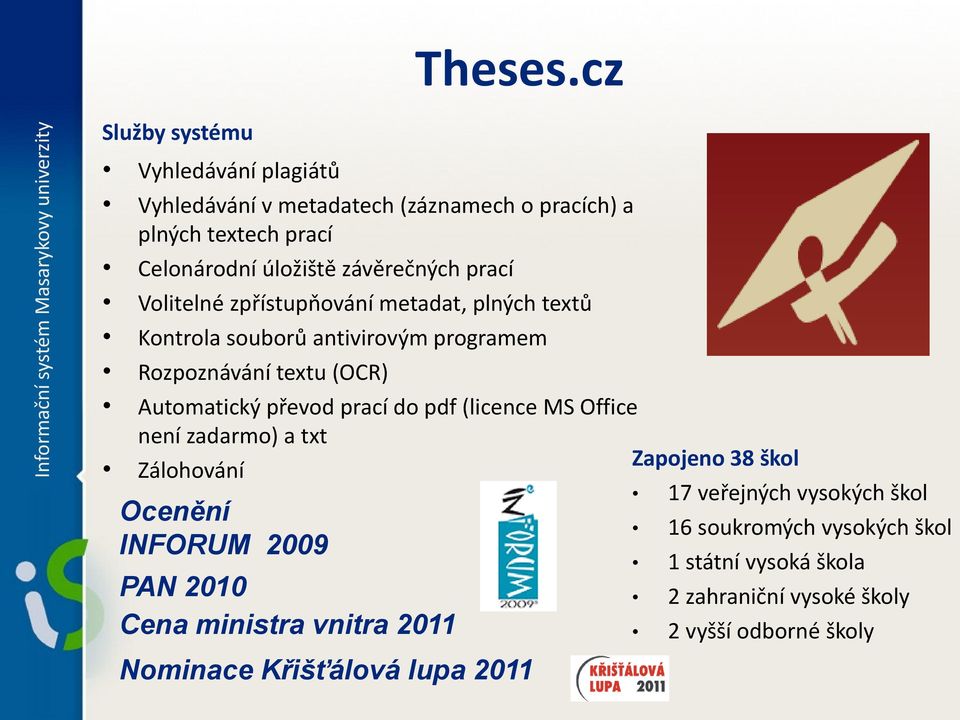 prací Volitelné zpřístupňování metadat, plných textů Kontrola souborů antivirovým programem Rozpoznávání textu (OCR) Automatický převod prací
