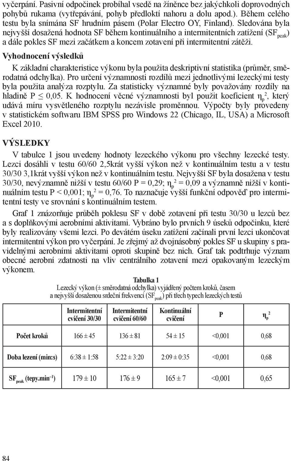 Sledována byla nejvyšší dosažená hodnota SF během kontinuálního a intermitentních zatížení (SF peak ) a dále pokles SF mezi začátkem a koncem zotavení při intermitentní zátěži.