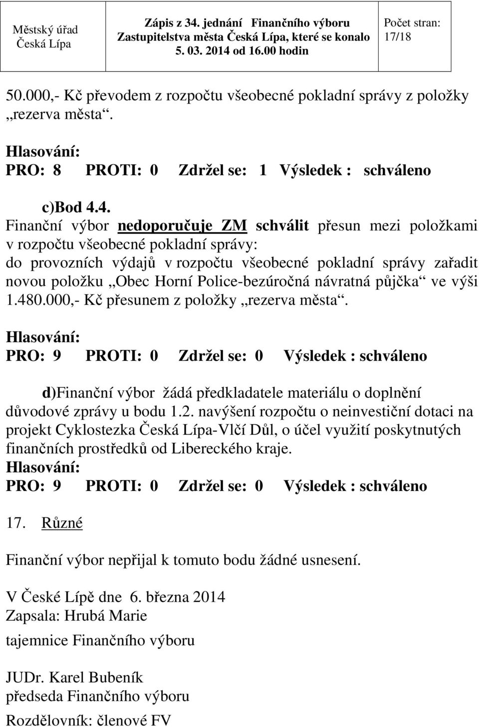 Police-bezúročná návratná půjčka ve výši 1.480.000,- Kč přesunem z položky rezerva města. d)finanční výbor žádá předkladatele materiálu o doplnění důvodové zprávy u bodu 1.2.