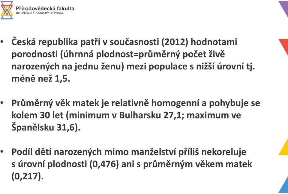 Průměrný věk matek je relativně homogenní a pohybuje se kolem 30 let (minimum v Bulharsku 27,1; maximum