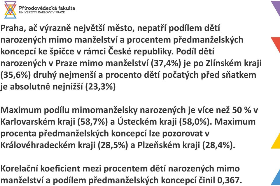 Maximum podílu mimomanželsky narozených je více než 50 % v Karlovarském kraji (58,7%) a Ústeckém kraji (58,0%).