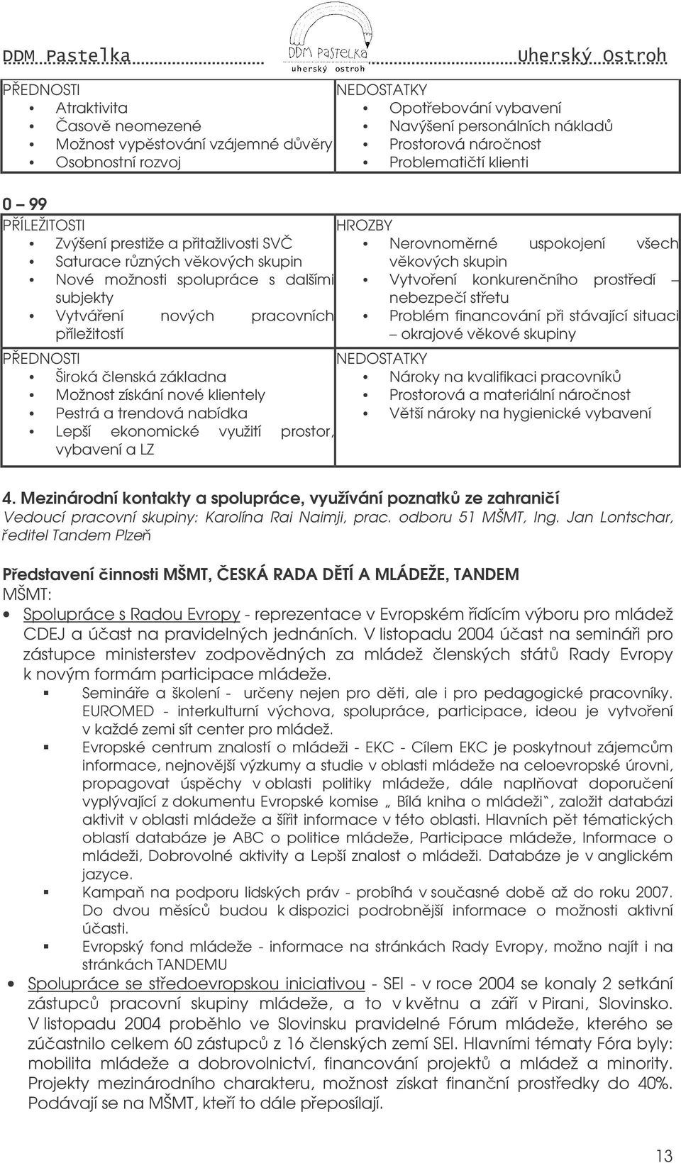 prostedí nebezpeí stetu Vytváení nových pracovních Problém financování pi stávající situaci píležitostí okrajové vkové skupiny P EDNOSTI NEDOSTATKY Široká lenská základna Nároky na kvalifikaci