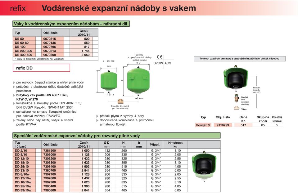 pro rozvody, čerpací stanice a ořev pitné vody průtočné, s plastovou růžicí, částečně zajišťující průtočnost butylový vak podle DIN 4807 T3+5, KTW C, W 270 konstrukce a zkoušky podle DIN 4807 T 5,