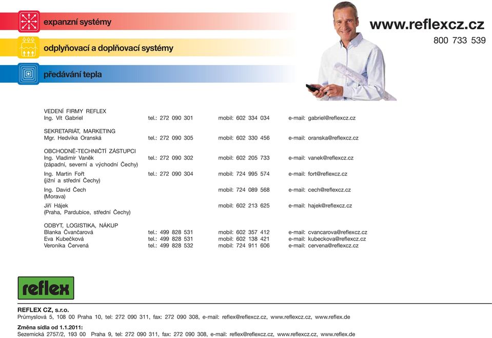 : 272 090 302 mobil: 602 205 733 e-mail: vanek@reflexcz.cz (západní, severní a výcodní Čecy) Ing. Martin Fořt tel.: 272 090 304 mobil: 724 995 574 e-mail: fort@reflexcz.cz (jižní a střední Čecy) Ing.