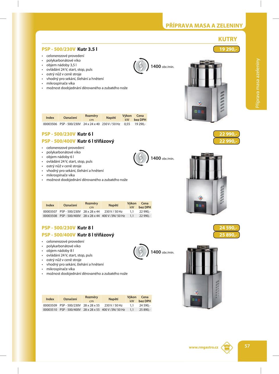 500/230V Kutr 6 l 22 990,- PSP - 500/400V Kutr 6 l třífázový 22 990,- polykarbonátové víko objem nádoby 6 l ovládání 24 V, start, stop, puls ostrý nůž v ceně stroje vhodný pro sekání, šlehání a