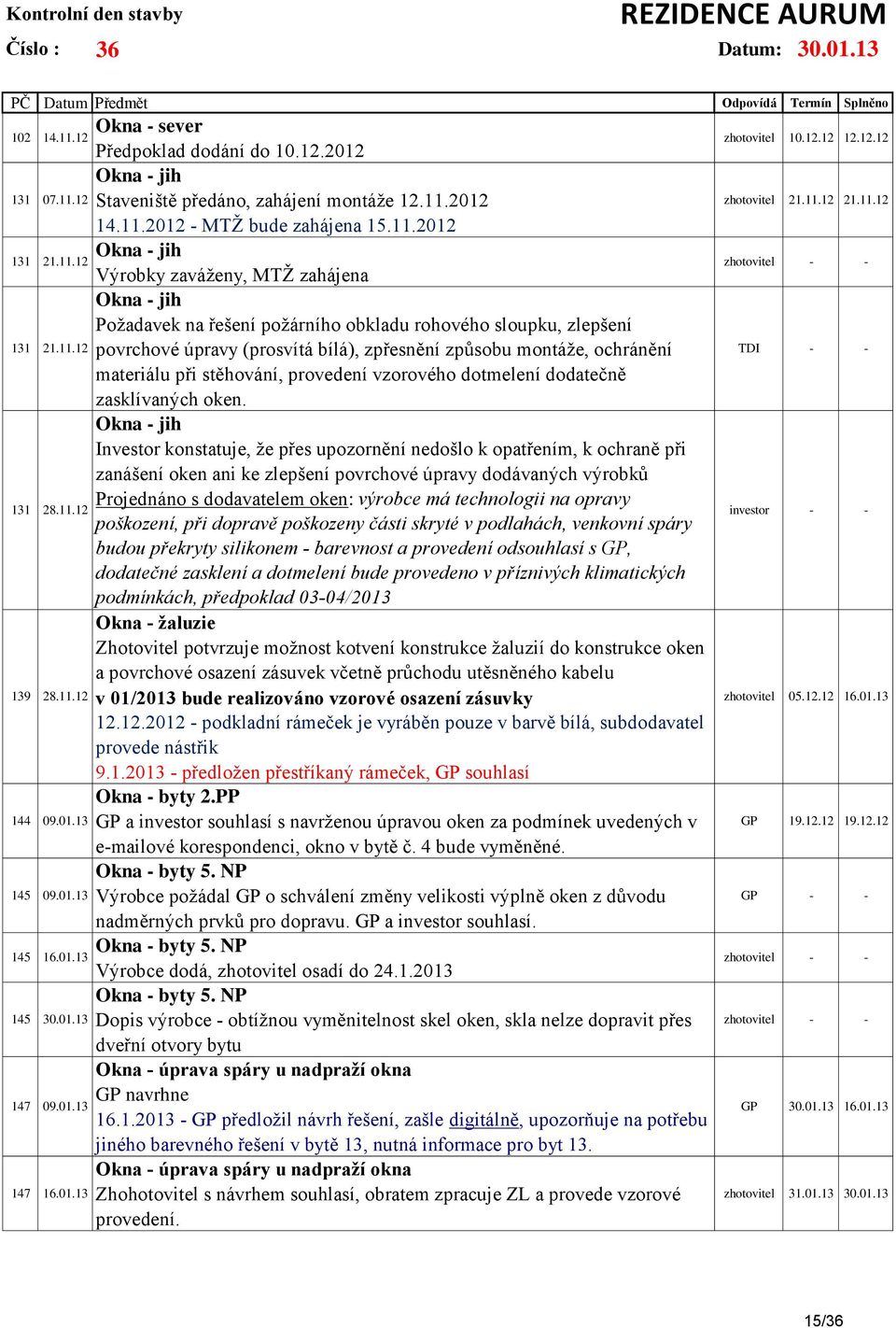 bílá), zpřesnění způsobu montáže, ochránění materiálu při stěhování, provedení vzorového dotmelení dodatečně zasklívaných oken.