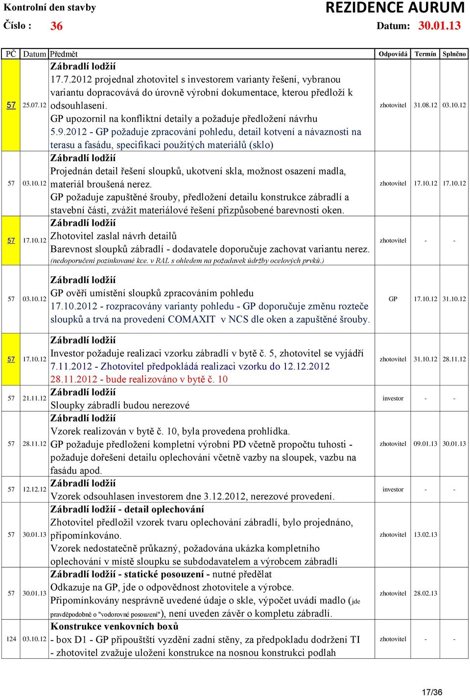 2012 - GP požaduje zpracování pohledu, detail kotvení a návaznosti na terasu a fasádu, specifikaci použitých materiálů (sklo) Zábradlí lodžií Projednán detail řešení sloupků, ukotvení skla, možnost