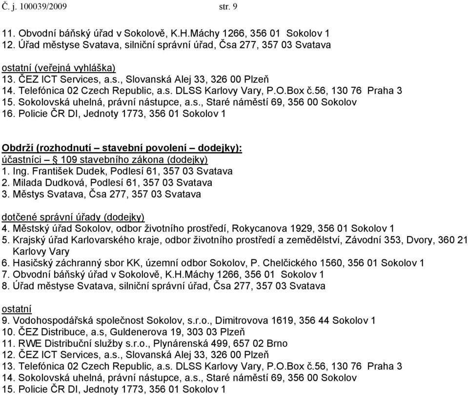 Policie ČR DI, Jednoty 1773, 356 01 Sokolov 1 Obdrží (rozhodnutí stavební povolení dodejky): účastníci 109 stavebního zákona (dodejky) 1. Ing. František Dudek, Podlesí 61, 357 03 Svatava 2.