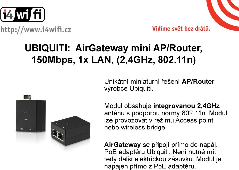 Modul obsahuje integrovanou 2,4GHz anténu s podporou normy 802.11n.