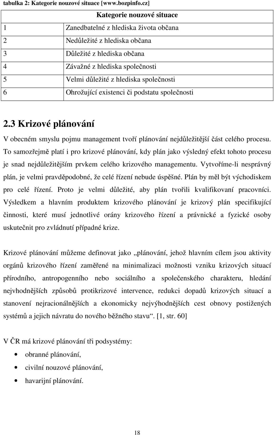 společnosti 6 Ohrožující existenci či podstatu společnosti 2.3 Krizové plánování V obecném smyslu pojmu management tvoří plánování nejdůležitější část celého procesu.