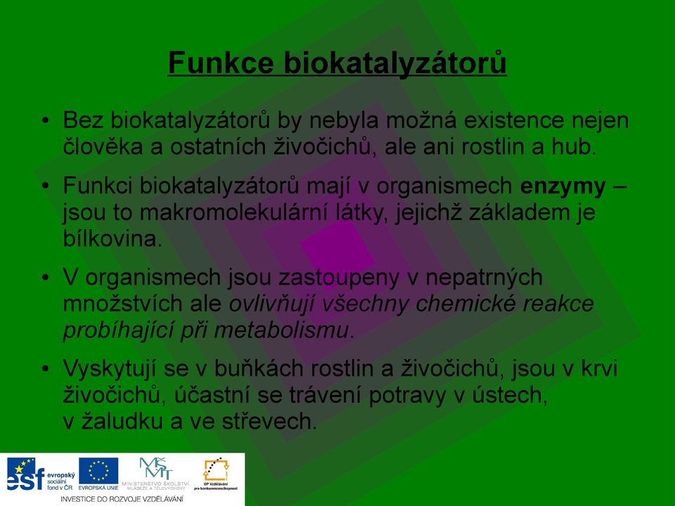 V organismech jsou zastoupeny v nepatrných množstvích ale ovlivňují všechny chemické reakce probíhající při metabolismu.