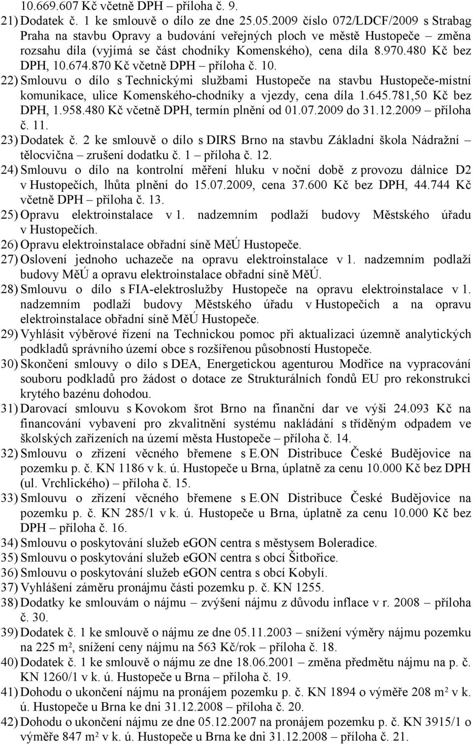 870 Kč včetně DPH příloha č. 10. 22) Smlouvu o dílo s Technickými službami Hustopeče na stavbu Hustopeče-místní komunikace, ulice Komenského-chodníky a vjezdy, cena díla 1.645.781,50 Kč bez DPH, 1.