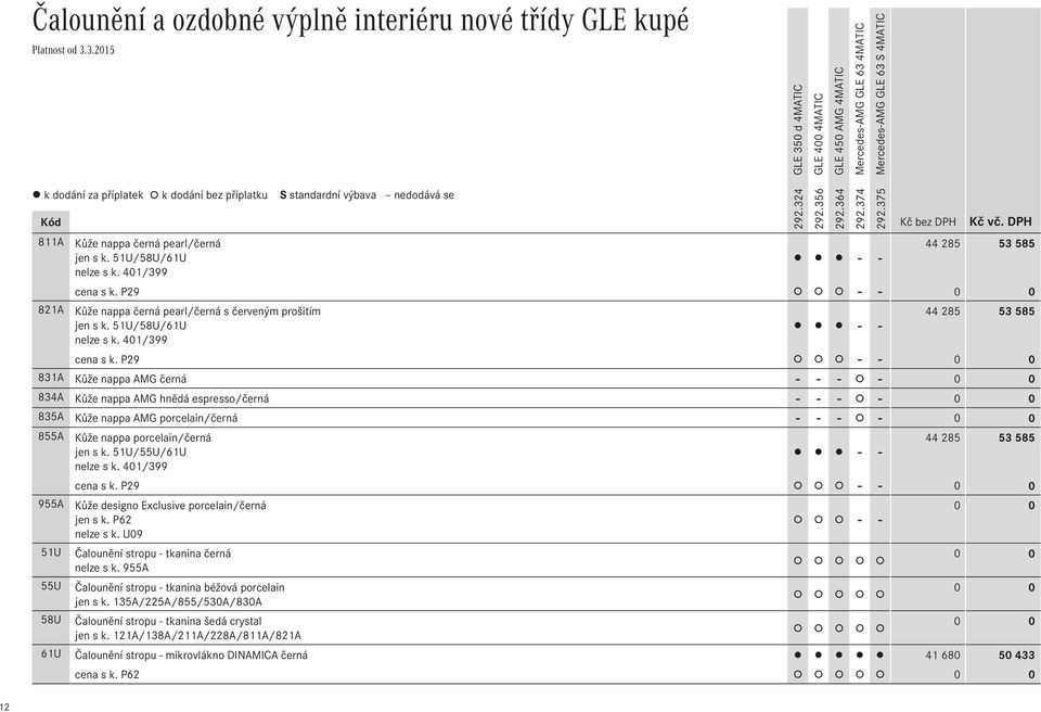 P29 - - Kůže nappa AMG černá - - - - 831A 834A Kůže nappa AMG hnědá espresso/černá - - - - 835A Kůže nappa AMG porcelain/černá - - - - 855A Kůže nappa porcelain/černá 44Ê285 53Ê585 jen s k.