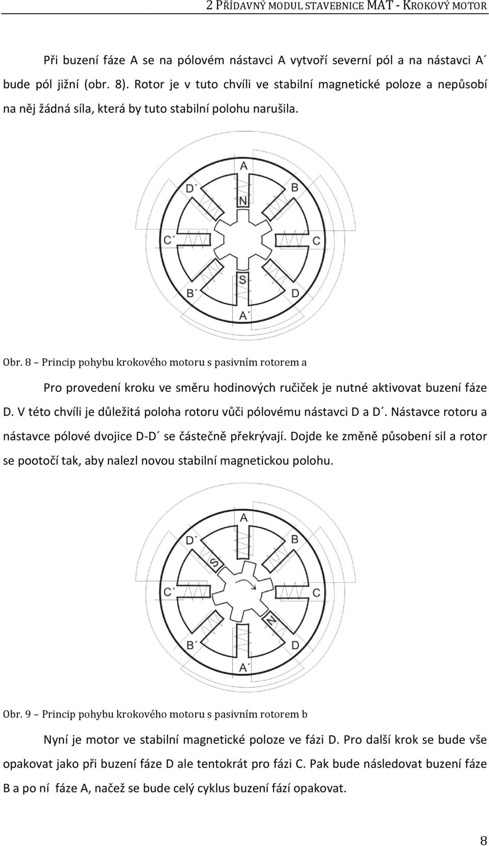 8 Princip pohybu krokového motoru s pasivním rotorem a Pro provedení kroku ve směru hodinových ručiček je nutné aktivovat buzení fáze D.