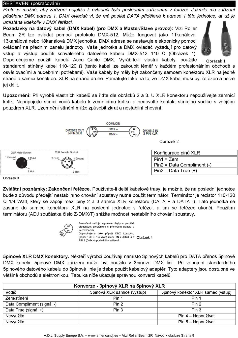 Požadavky na datový kabel (DMX kabel) (pro DMX a Master/Slave provoz): Vizi Roller Beam 2R lze ovládat pomocí protokolu DMX-512. Může fungovat jako 11kanálová, 13kanálová nebo 18kanálová DMX jednotka.
