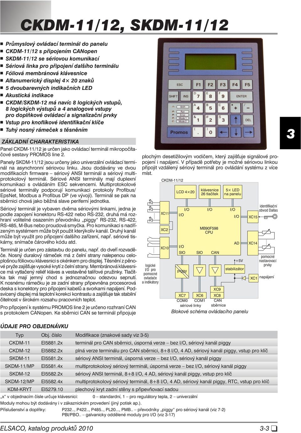 ovládací a signalizační prvky Vstup pro knoflíkové identifikační klíče Tuhý nosný rámeček s těsněním ZÁ KLAD NÍ CHA RAK TE RIS TI KA Panel CKDM-11/12 je určen jako ovládací terminál mikropočíta -