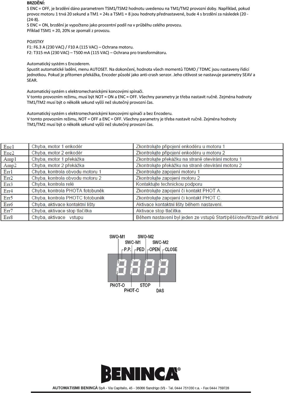S ENC = ON, brzdění je vypočteno jako procentní podíl na v průběhu celého provozu. Příklad TSM1 = 20, 20% se zpomalí z provozu. POJISTKY F1: F6.3 A (230 VAC) / F10 A (115 VAC) Ochrana motoru.