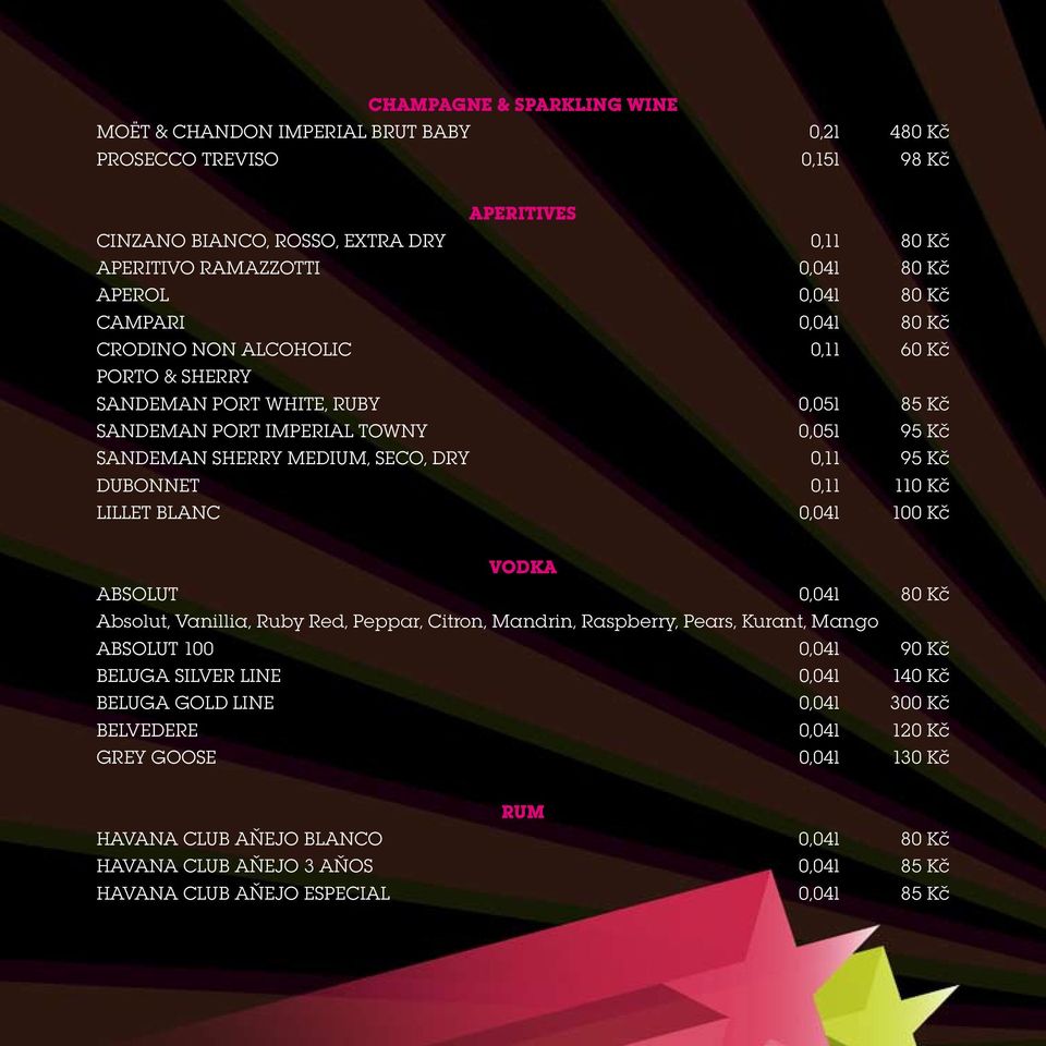 95 Kč DUBONNET 0,1l 110 Kč LILLET BLANC 0,04l 100 Kč VODKA ABSOLUT 0,04l 80 Kč Absolut, Vanillia, Ruby Red, Peppar, Citron, Mandrin, Raspberry, Pears, Kurant, Mango Absolut 100 0,04l 90 Kč BELUGA