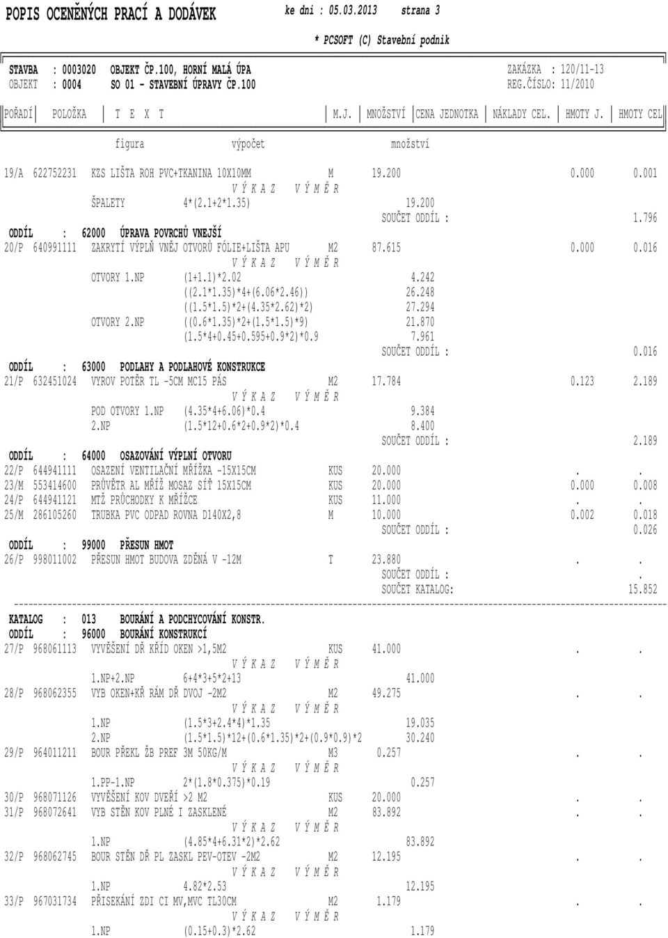 ÚPRAVA POVRCHŮ VNEJŠÍ 20/P 640991111 ZAKRYTÍ VÝPLŇ VNĚJ OTVORŮ FÓLIE+LIŠTA APU M2 87615 0000 0016 OTVORY 1NP (1+11)*202 4242 ((21*135)*4+(606*246)) 26248 ((15*15)*2+(435*262)*2) 27294 OTVORY 2NP