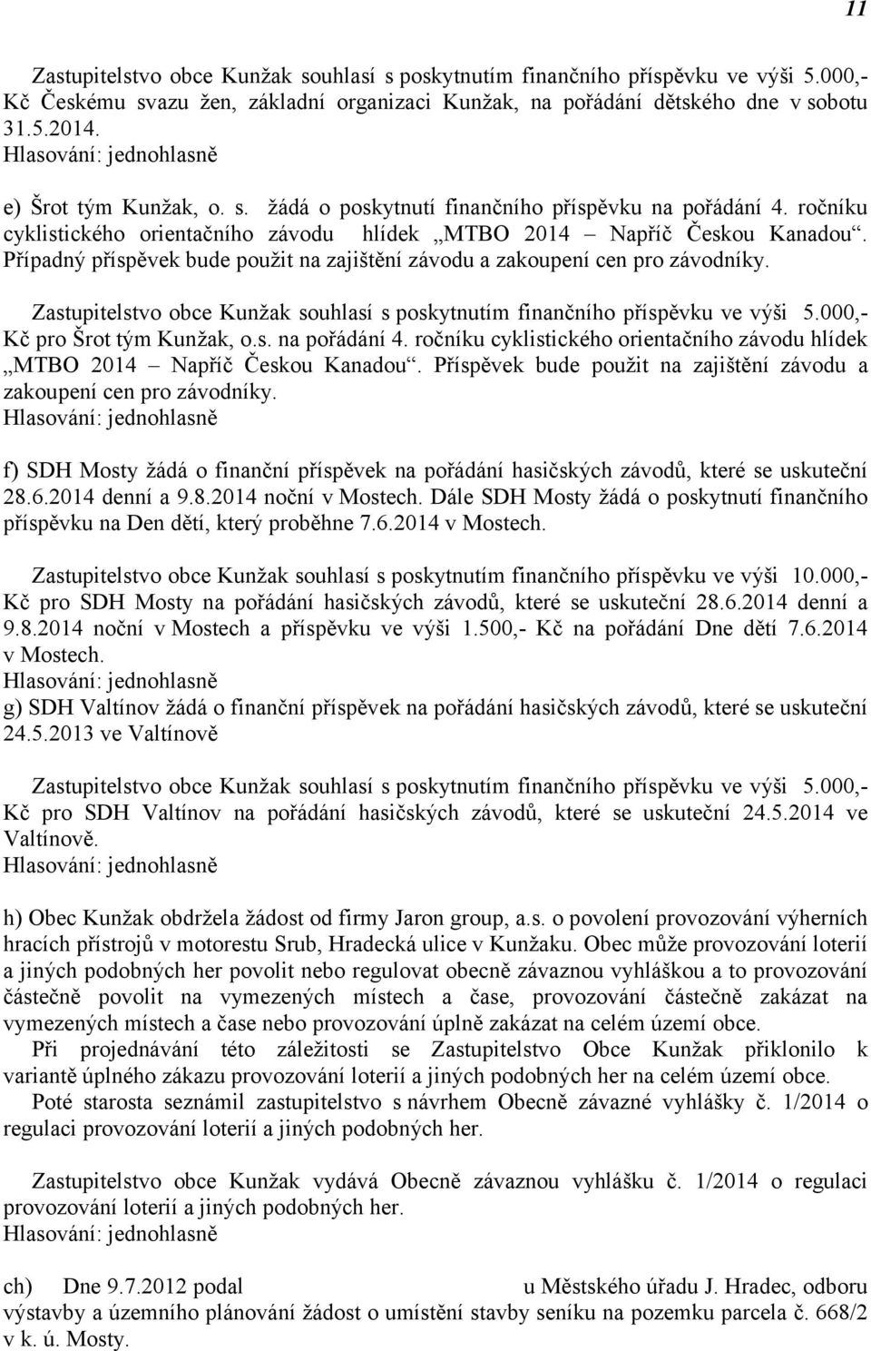 Případný příspěvek bude použit na zajištění závodu a zakoupení cen pro závodníky. Zastupitelstvo obce Kunžak souhlasí s poskytnutím finančního příspěvku ve výši 5.000,- Kč pro Šrot tým Kunžak, o.s. na pořádání 4.