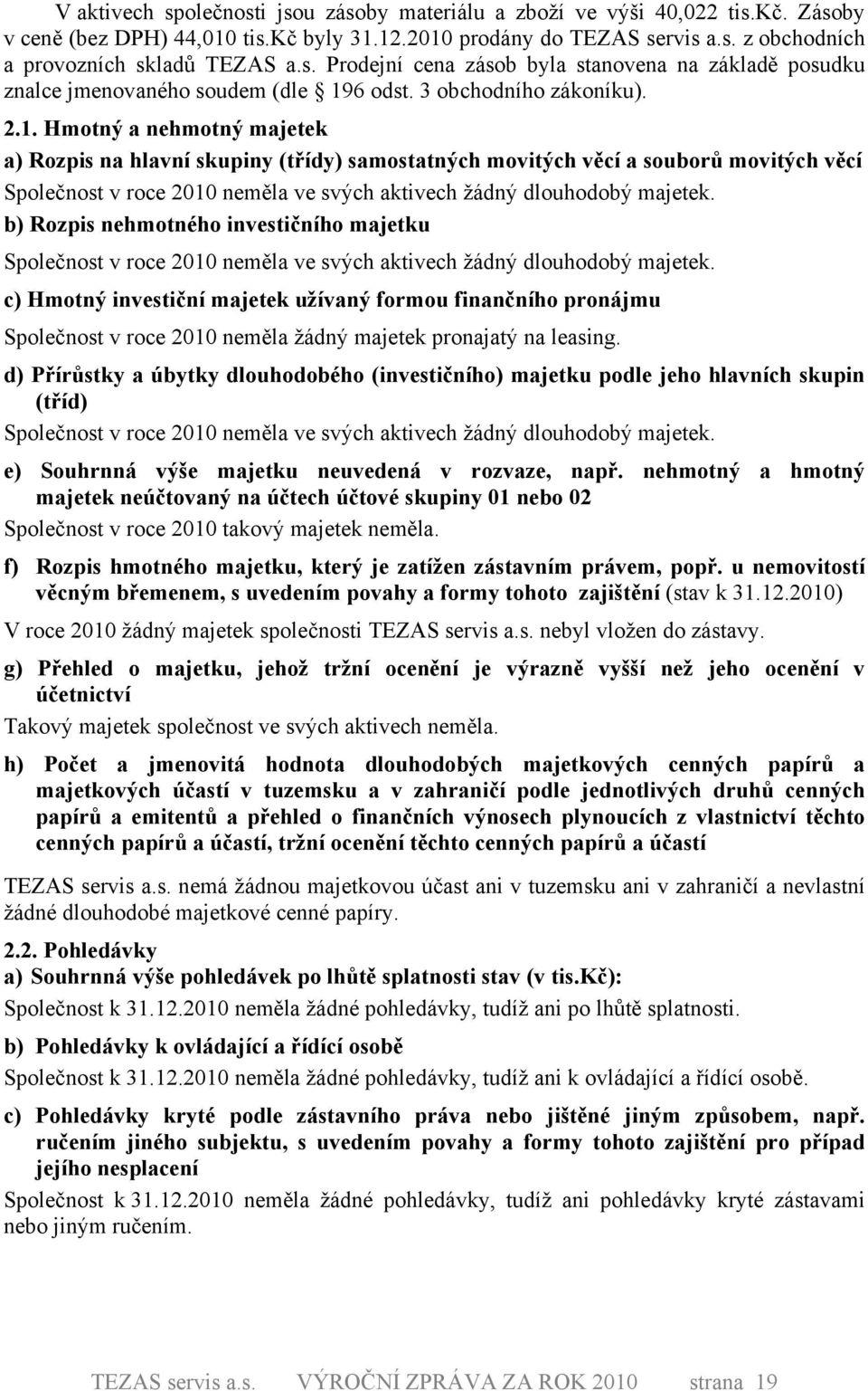Hmotný a nehmotný majetek a) Rozpis na hlavní skupiny (třídy) samostatných movitých věcí a souborů movitých věcí Společnost v roce 21 neměla ve svých aktivech žádný dlouhodobý majetek.
