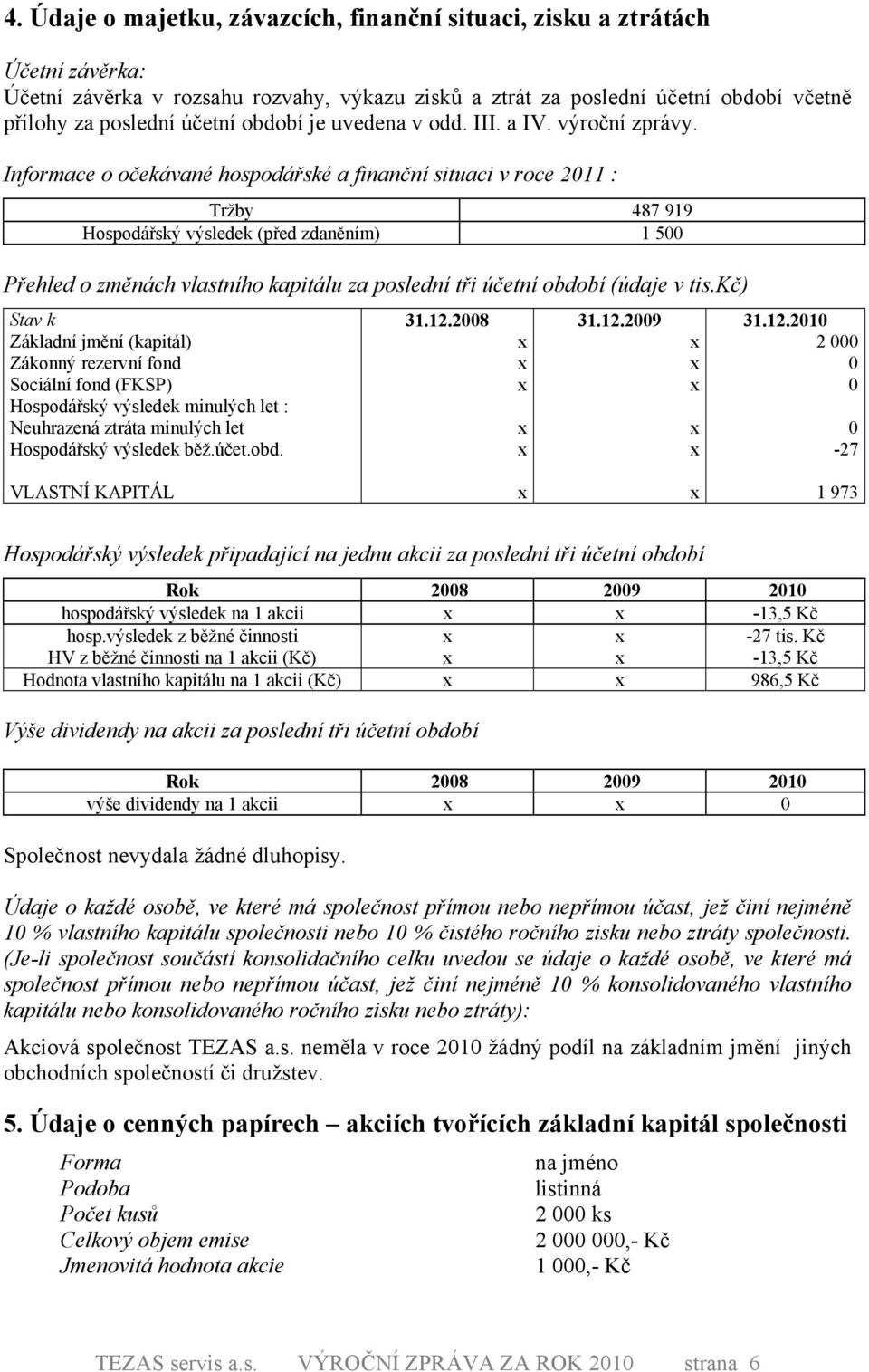 Informace o očekávané hospodářské a finanční situaci v roce 211 : Tržby 487 919 Hospodářský výsledek (před zdaněním) 1 5 Přehled o změnách vlastního kapitálu za poslední tři účetní období (údaje v