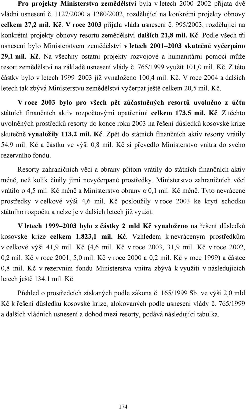 Podle všech tří usnesení bylo Ministerstvem zemědělství v letech 2001 2003 skutečně vyčerpáno 29,1 mil. Kč.