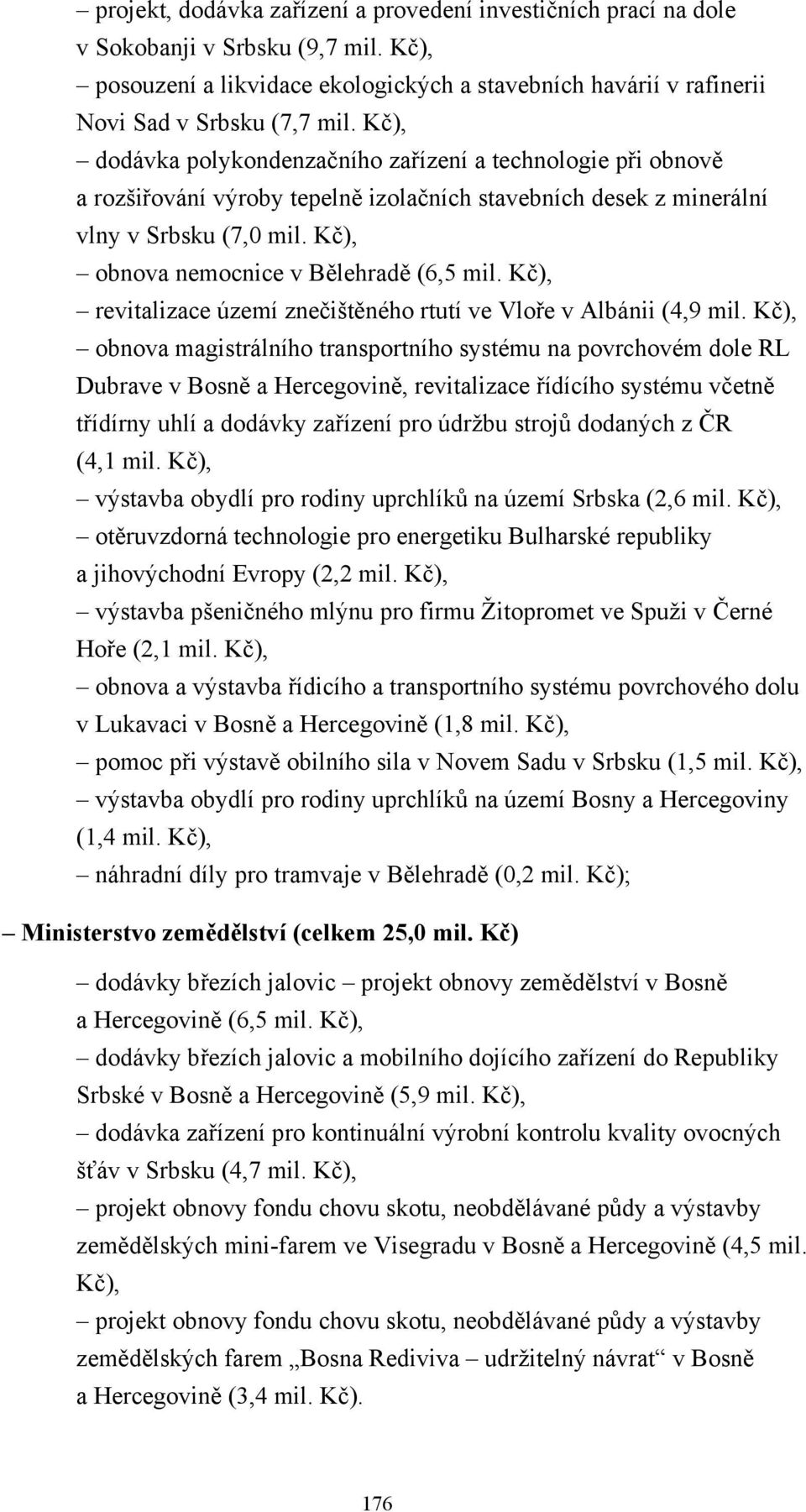 Kč), obnova nemocnice v Bělehradě (6,5 mil. Kč), revitalizace území znečištěného rtutí ve Vloře v Albánii (4,9 mil.