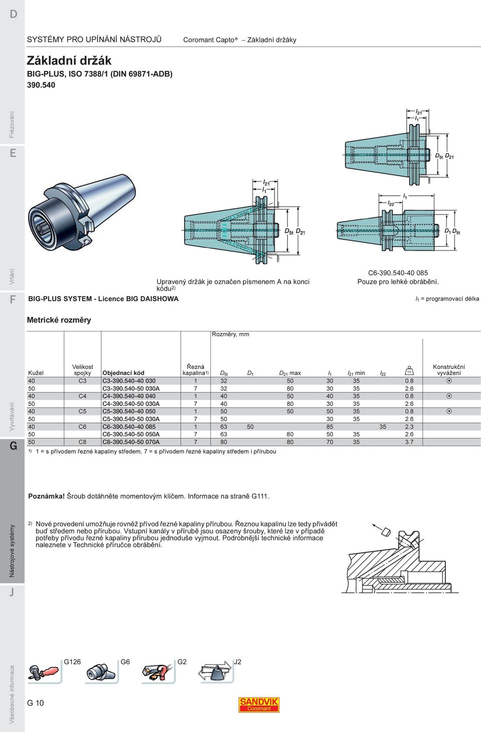 l1 = programovací délka Metrické rozměry Rozměry, mm Vyvrtávání Velikost Řezná Konstrukční Kužel spojky Objednací kód kapalina 1) D5t D1 D21 max l1 l21 min U l22 vyvážení 40 C3 C3-390.