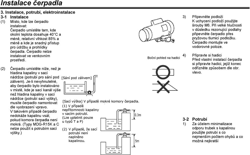 přístup pro údržbu a prohlídky čerpadla. Čerpadlo nelze instalovat ve venkovním prostředí. (2) Čerpadlo umístěte níže, než je hladina kapaliny v sací nádržce (potrubí pro sání pod zálivem).