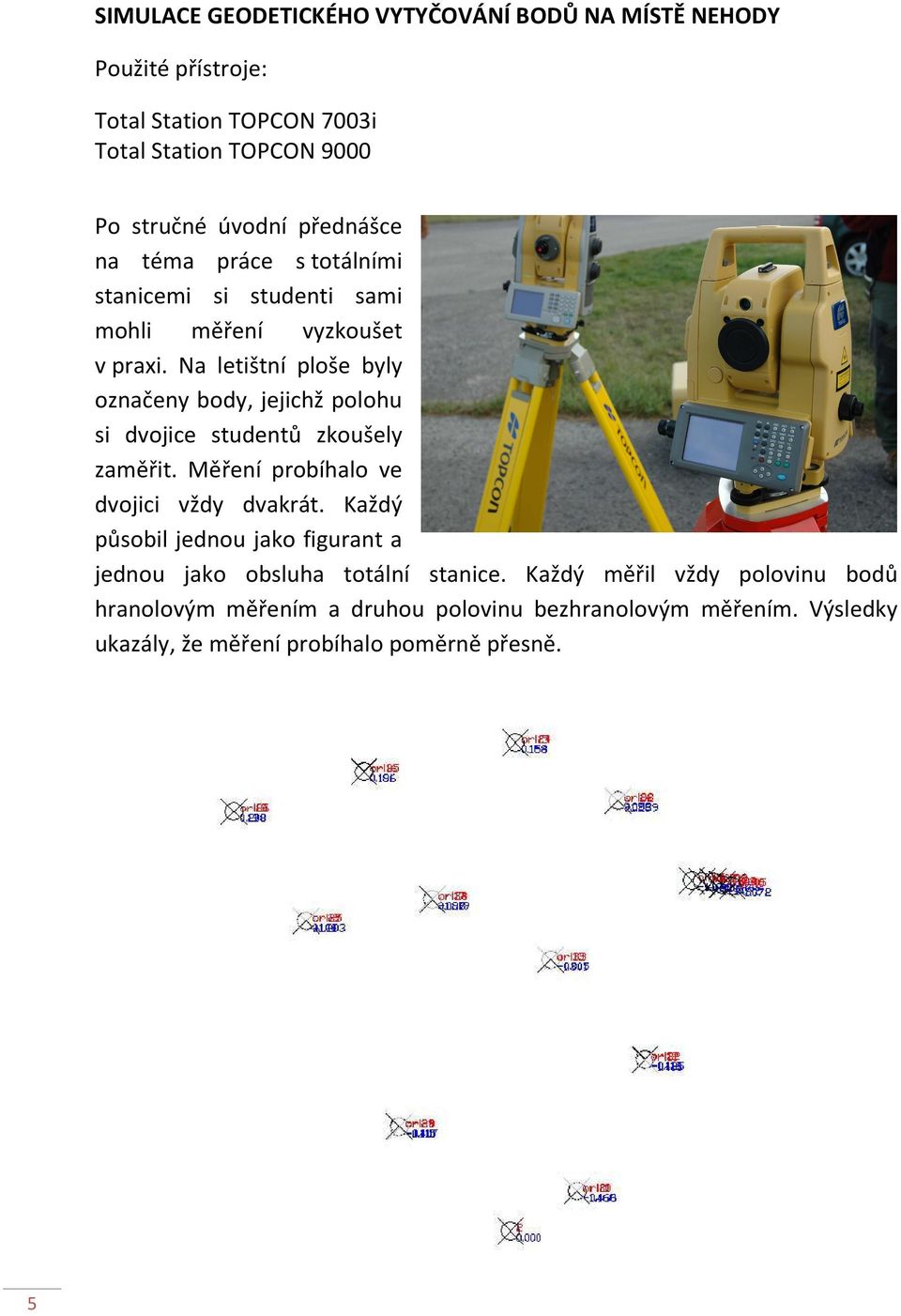 Na letištní ploše byly označeny body, jejichž polohu si dvojice studentů zkoušely zaměřit. Měření probíhalo ve dvojici vždy dvakrát.