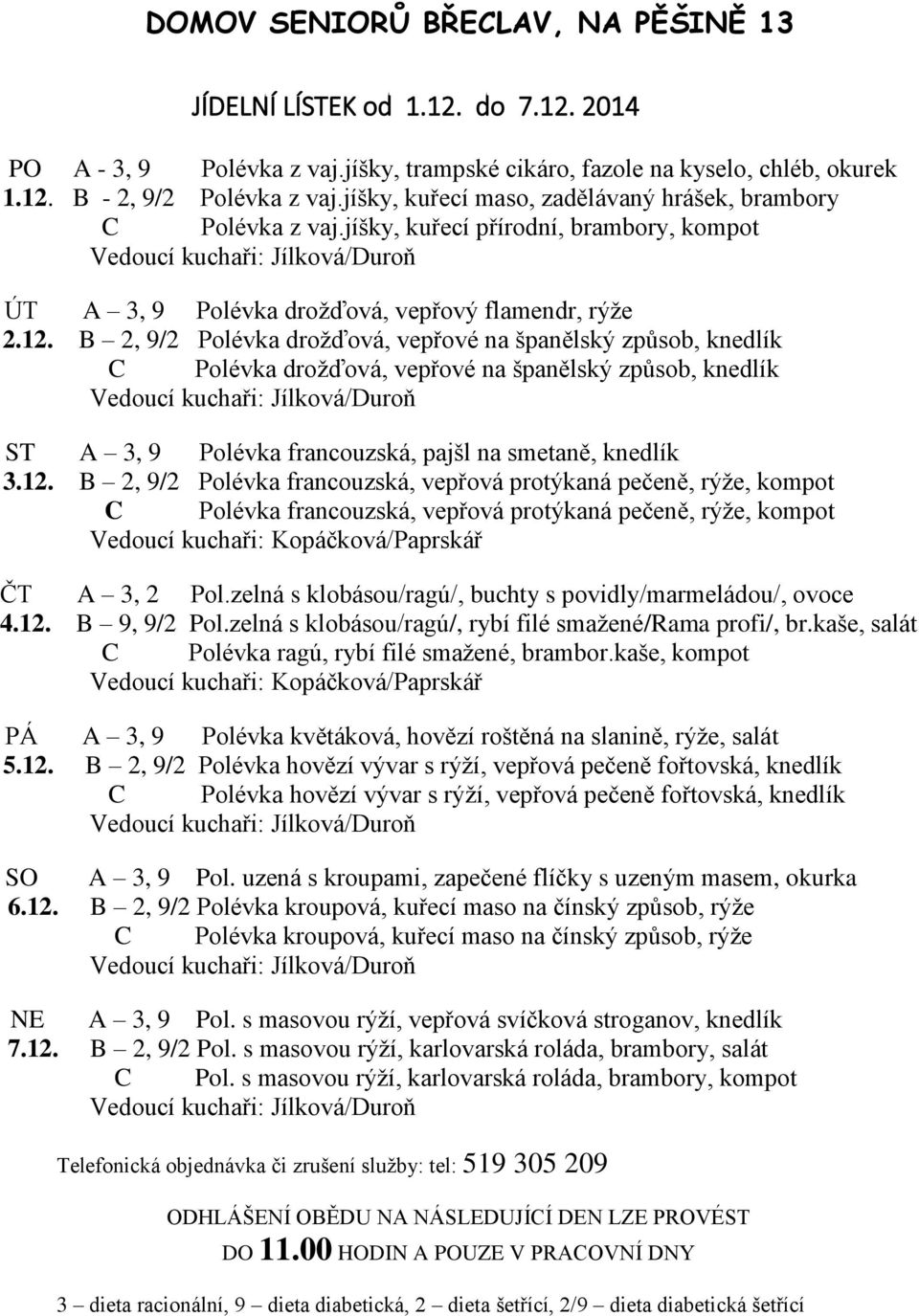 B 2, 9/2 Polévka drožďová, vepřové na španělský způsob, knedlík C Polévka drožďová, vepřové na španělský způsob, knedlík ST A 3, 9 Polévka francouzská, pajšl na smetaně, knedlík 3.12.