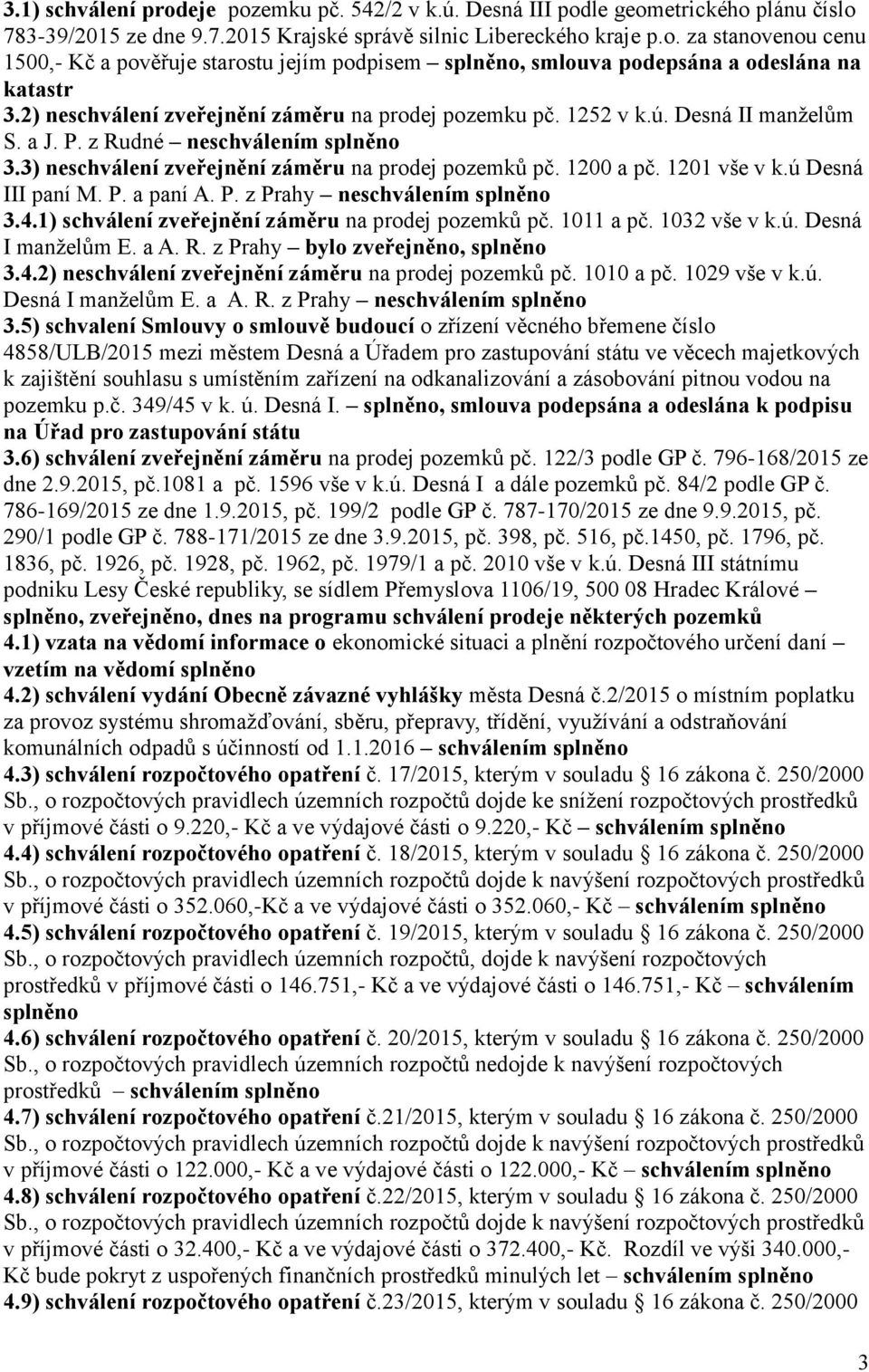 1201 vše v k.ú Desná III paní M. P. a paní A. P. z Prahy neschválením splněno 3.4.1) schválení zveřejnění záměru na prodej pozemků pč. 1011 a pč. 1032 vše v k.ú. Desná I manželům E. a A. R.
