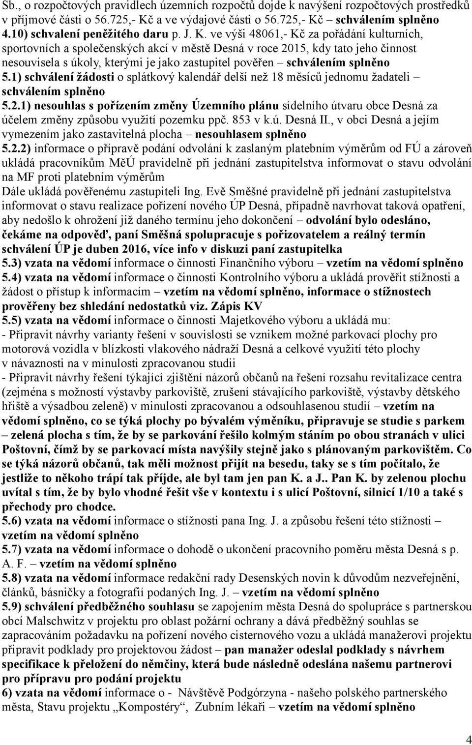 ve výši 48061,- Kč za pořádání kulturních, sportovních a společenských akcí v městě Desná v roce 2015, kdy tato jeho činnost nesouvisela s úkoly, kterými je jako zastupitel pověřen schválením splněno