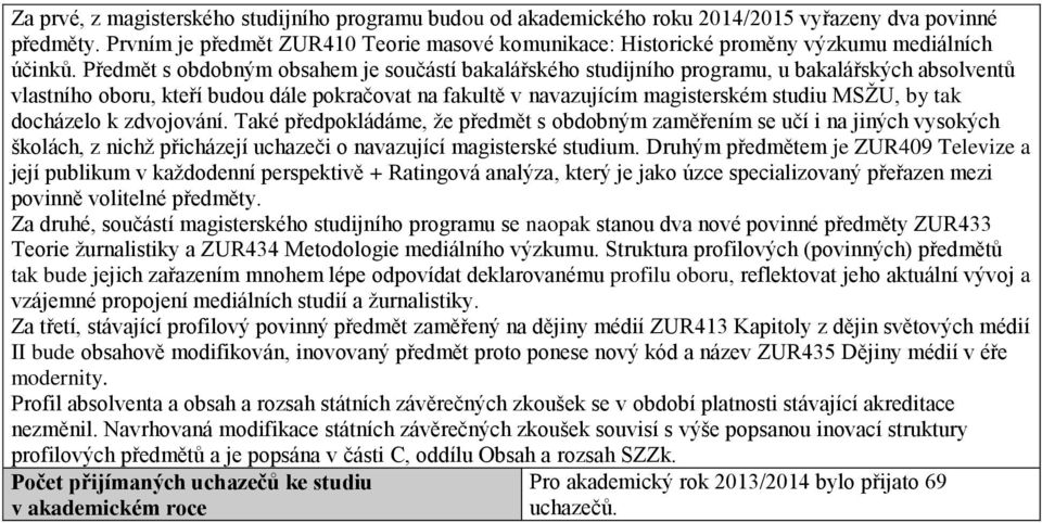 Předmět s obdobným obsahem je součástí bakalářského studijního programu, u bakalářských absolventů vlastního oboru, kteří budou dále pokračovat na fakultě v navazujícím magisterském studiu MSŽU, by