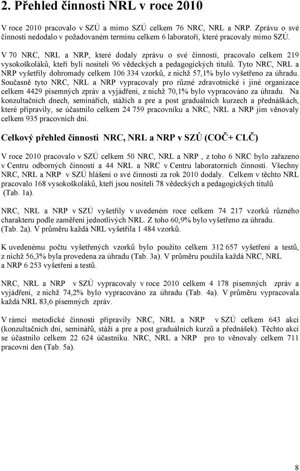 Tyto NRC, NRL a NRP vyšetřily dohromady celkem 106 334 vzorků, z nichž 57,1% bylo vyšetřeno za úhradu.