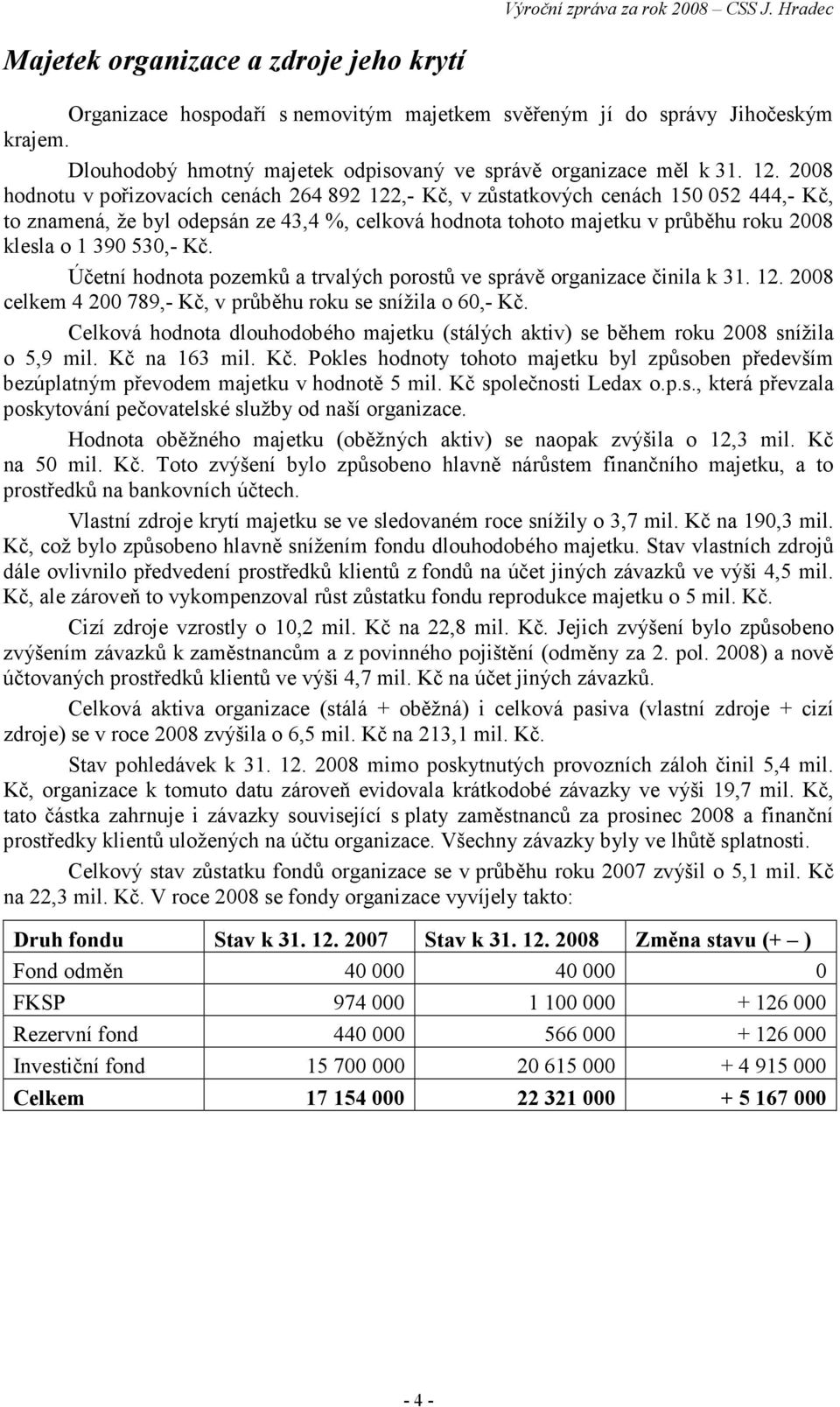 530,- Kč. Účetní hodnota pozemků a trvalých porostů ve správě organizace činila k 31. 12. 2008 celkem 4 200 789,- Kč, v průběhu roku se snížila o 60,- Kč.